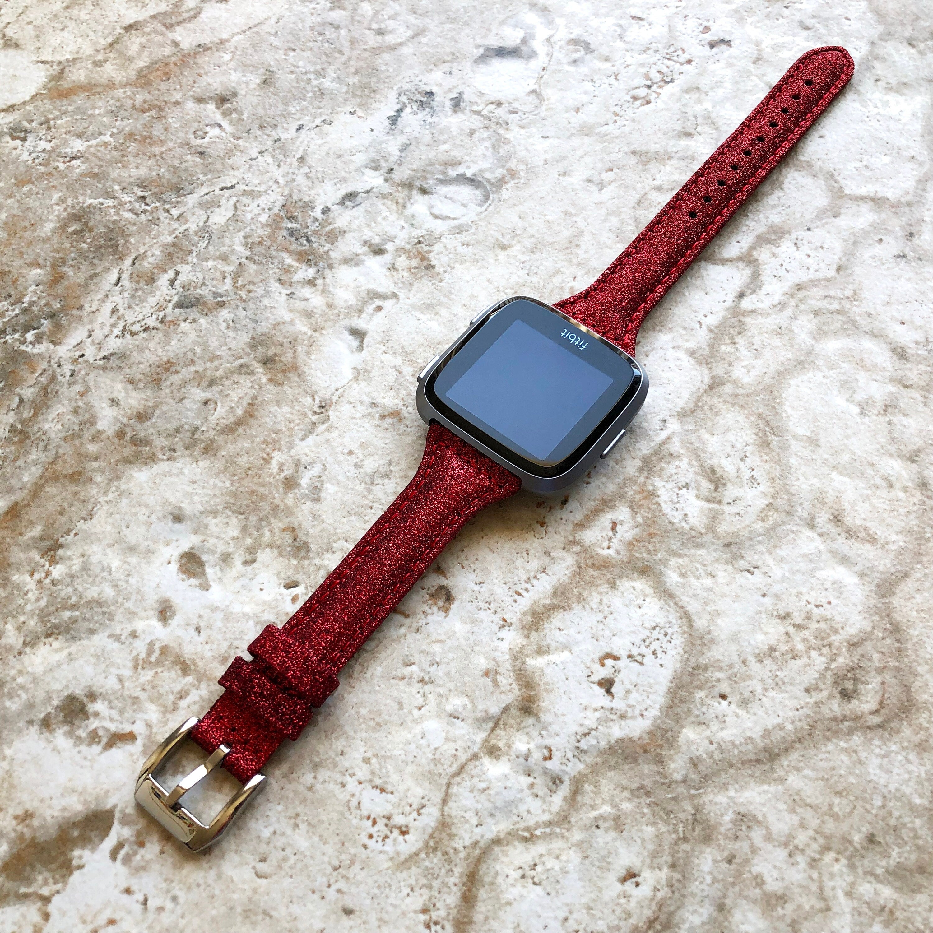Fitbit Versa 2 3 4 Sense 2 Band Red Sparkling Glitter Slim Elegant Soft Leather Strap with Stitching Details and Quick Release Attachments